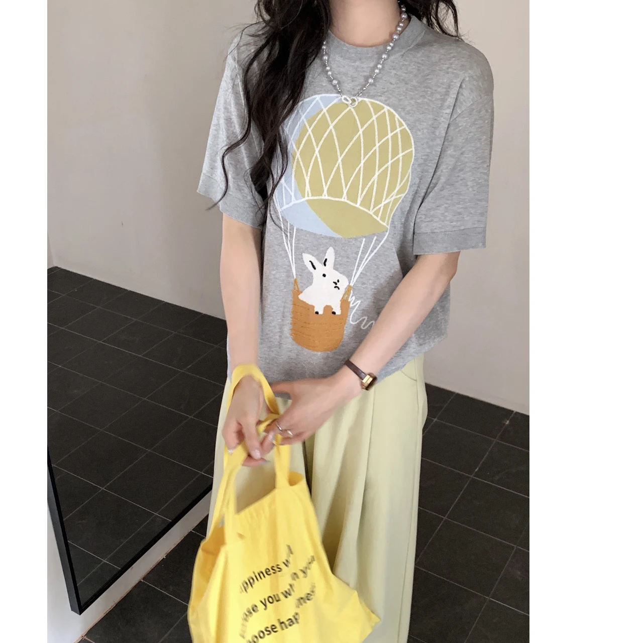 

Balloon Print Knitted T-irt Women's round Ne ort Sve Acetate Cotton Breathable Moisture ng Comfortable Fit Summer