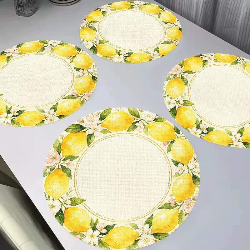 VIKAMA Fresh Watercolor Lemon Flower Frame Round Linen Placemats, Heat Resistant Waterproof for Dining Table Decor