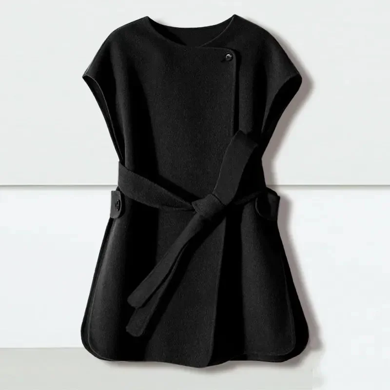Korean Female Strap Up Woolen Waistcoat Outwear 2025 Women Fashion Wool Sleeveless Coat Autumn Winter Ladies Casual Vest Jacket