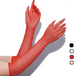 4 Color With Rhinestones Shiny Grid Fishnet Mesh Hollow Transparent COS Fashion Gloves Attention-grabbing Pompous Outdoor Mitten