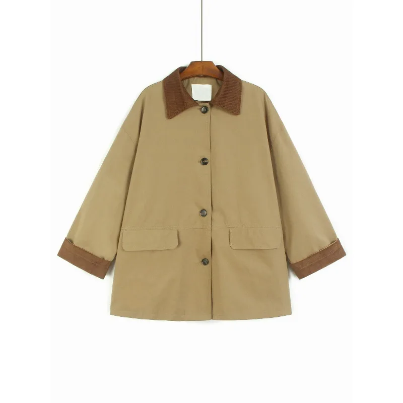 

SuperAen Korean Style Loose Oversize Women's 2025 Autumn New Coats Contrast Color Corduroy Lapel Collar Khaki Trench