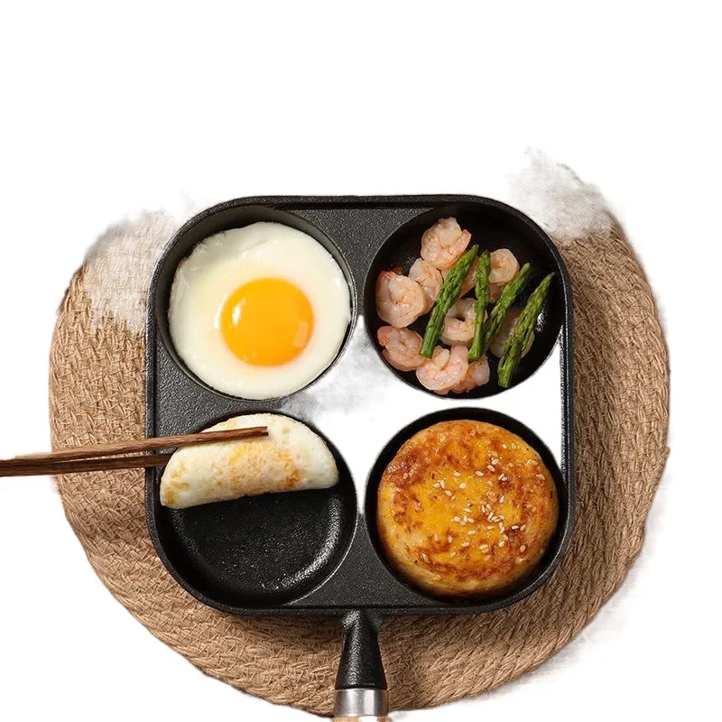cast iron four-hole, omelette pan, egg dumplings, artifact egg burger, egg burger, pancake flat bottom, uncoated non-stick.