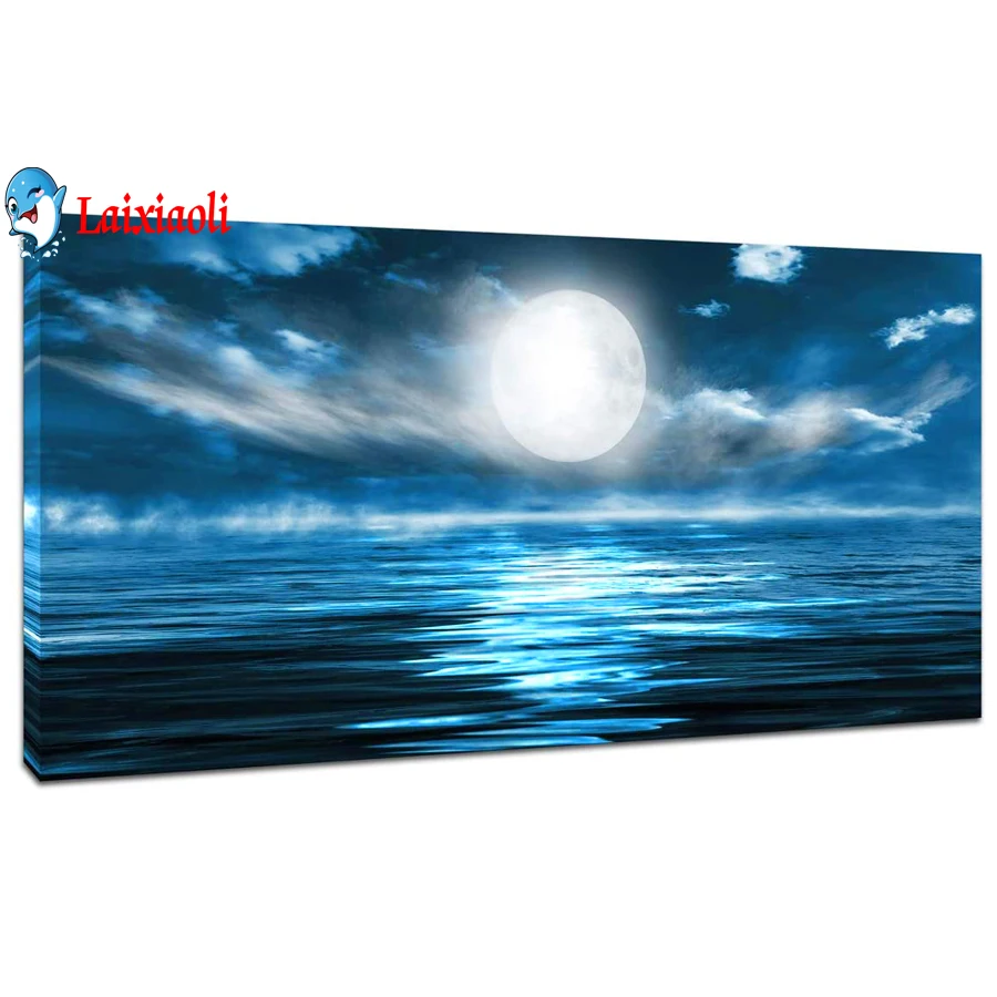 Blue Ocean Wall Decor Modern Seascape DIY 5D Diamond Painting Cross Stitch Kits Full Embroidery Mosaic full moon Picture decor