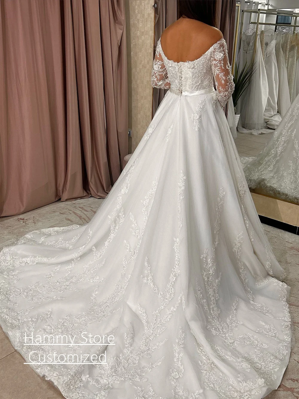 Exquisites Spitzenhochzeitskleid, maßgeschneidert, V-Ausschnitt, lange Ärmel, Paillettenapplikation, A-Linie, königliches Brautkleid, arabische Brautkleider