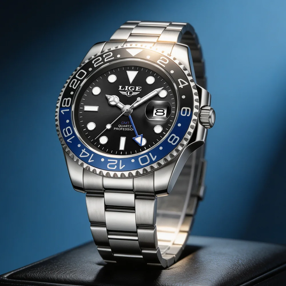 LIGE Klassische Quarzuhr für Herren mit drehbarer Lünette, Leuchtkalender, Business-Herrenuhr, Edelstahl-Armbanduhr für Männer