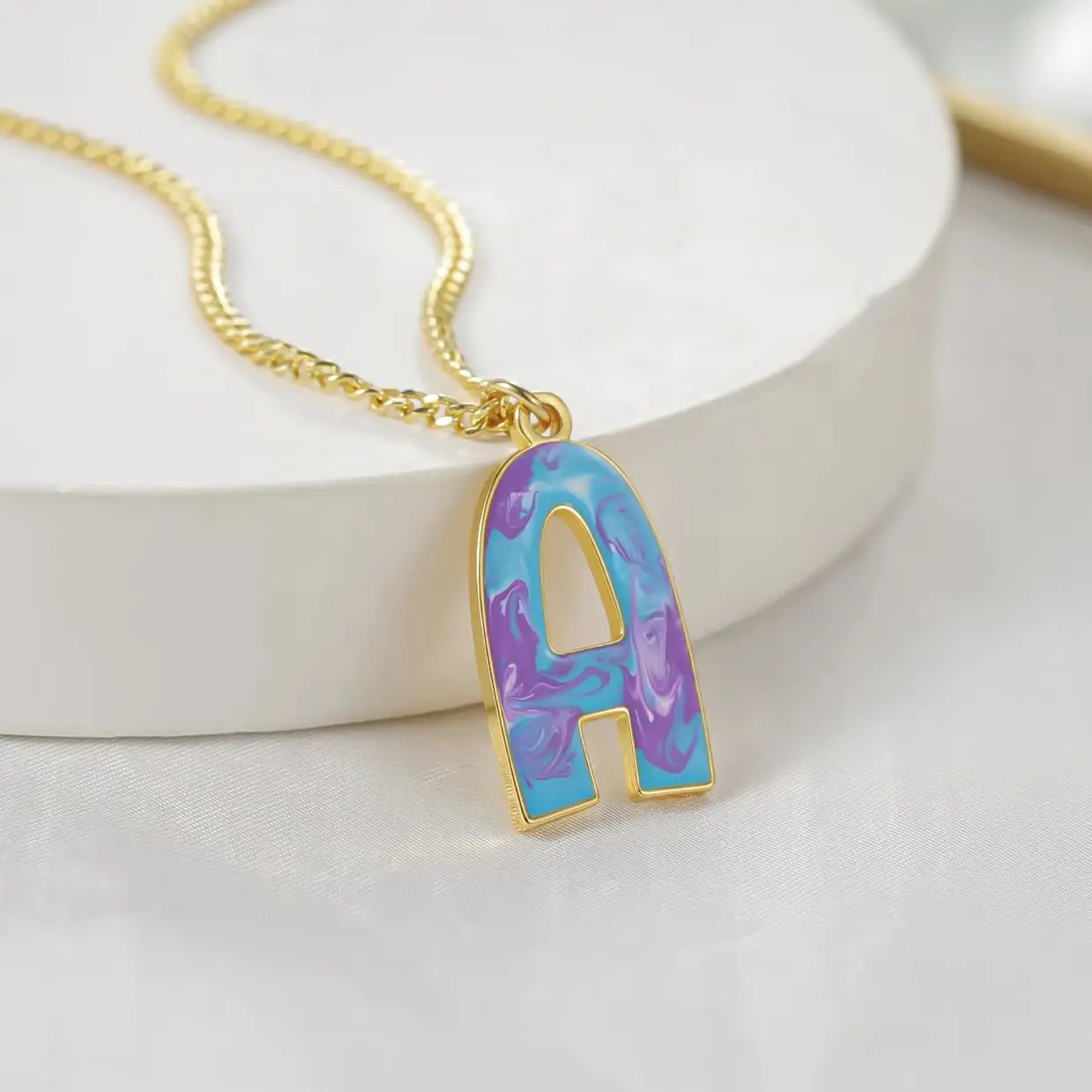 

TIE DYE INITIAL CHARM 2mm Cuban Chain Necklace Stainless Steel Tie Dye Initial Letter Pendant Best Special Birthday Gift For Her