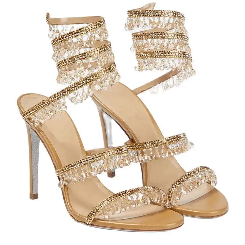 Crystal Pendant Beaded Sandals Wrapped Calf Round Toe Sandals Open Toe Slips Sexy Super High Heels Summer Party Dress Sandals 44