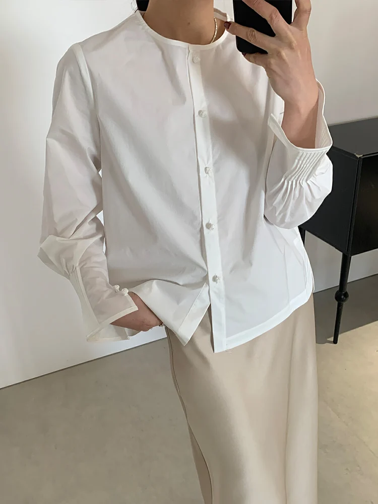 

Handmade Chinese Sle Cotton irt Women's Retro Patchwork Pleated Long Sve round Ne Open Cardigan Top Breathable Skin-...