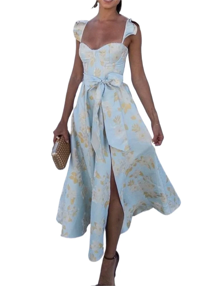 

Flowers Print Sleeveless Long Dresses Women Sexy Low Cut Backless Bowknot Leace-up Slit Dress Temperament Lady Vestidos 2024 New