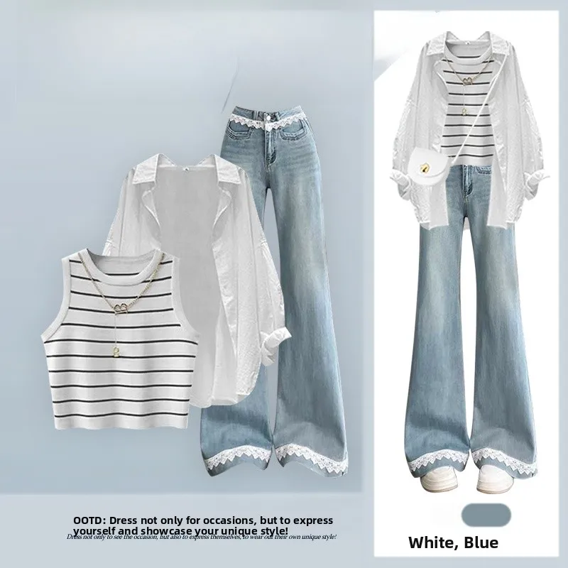 

Loose Collar Shirt Outerwear Striped Knitted Vest High Waist Lace Splicing Jeans Set Simple Fashion Women's Ensemble
