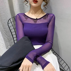 Autumn Winter Round Neck T shirt Women Sexy Mesh Bottoming Shirt Long Sleeve Solid Color Slim Fit Long Sleeve Casual Tops