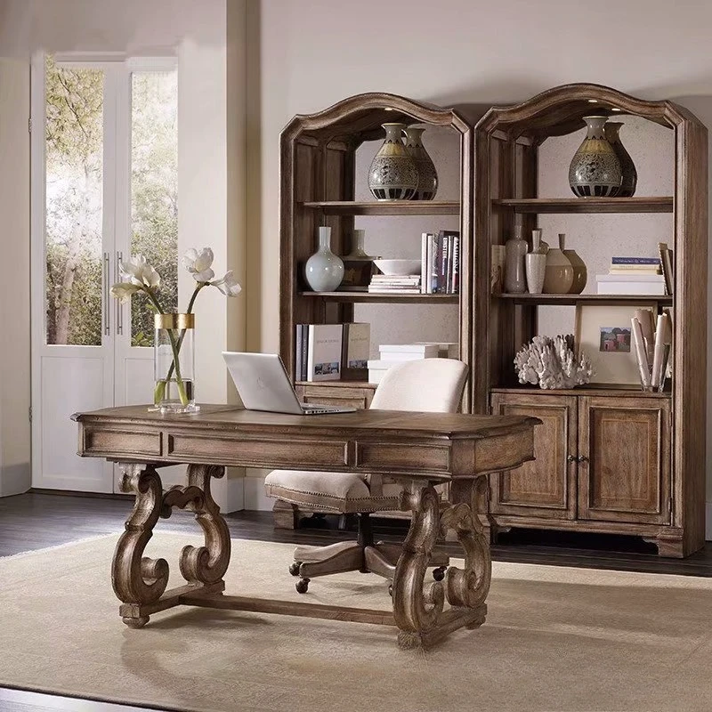 Solid wood desk European retro engraved computer desk study storage