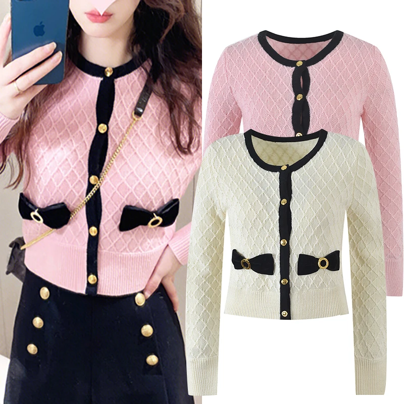 

Ele Knitted Top with Waist-Cinching Golden Bule Long Sve round Ne Pink Diamond Pattern Open Cardigan Women's Faion