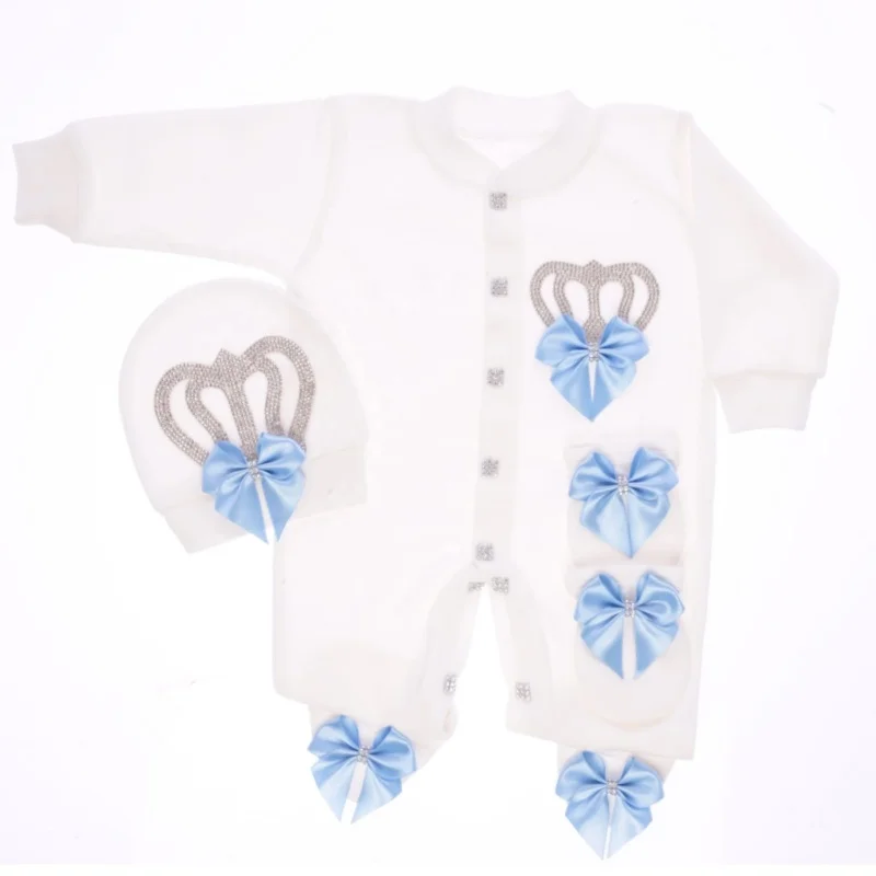 Footed Romper Newborn 0-9 Months Ultra Soft Cotton Blue Crown Bow Long Sleeve Jumpsuit Unisex Royal Boutique Baby Shower Gift