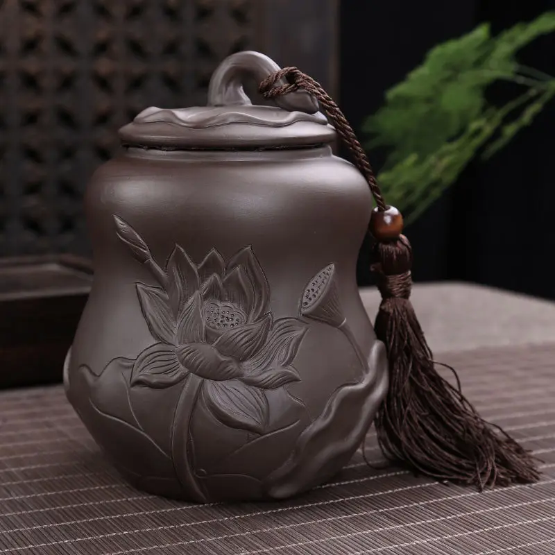 

Purple Sand Ceramic Sealed Tea Caddy, Household Gourd Tea Canister, Moisture-Proof Tea Tank, Tank, Relief Lotus, Medium, 250g