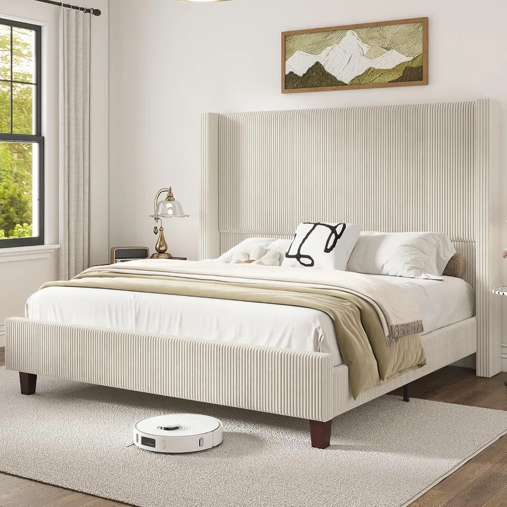 

Bed Frame, Platform Bed with Vertical Stripe Wingback Headboard, No Box Spring Needed/Noise Free/Solid Wood Slats