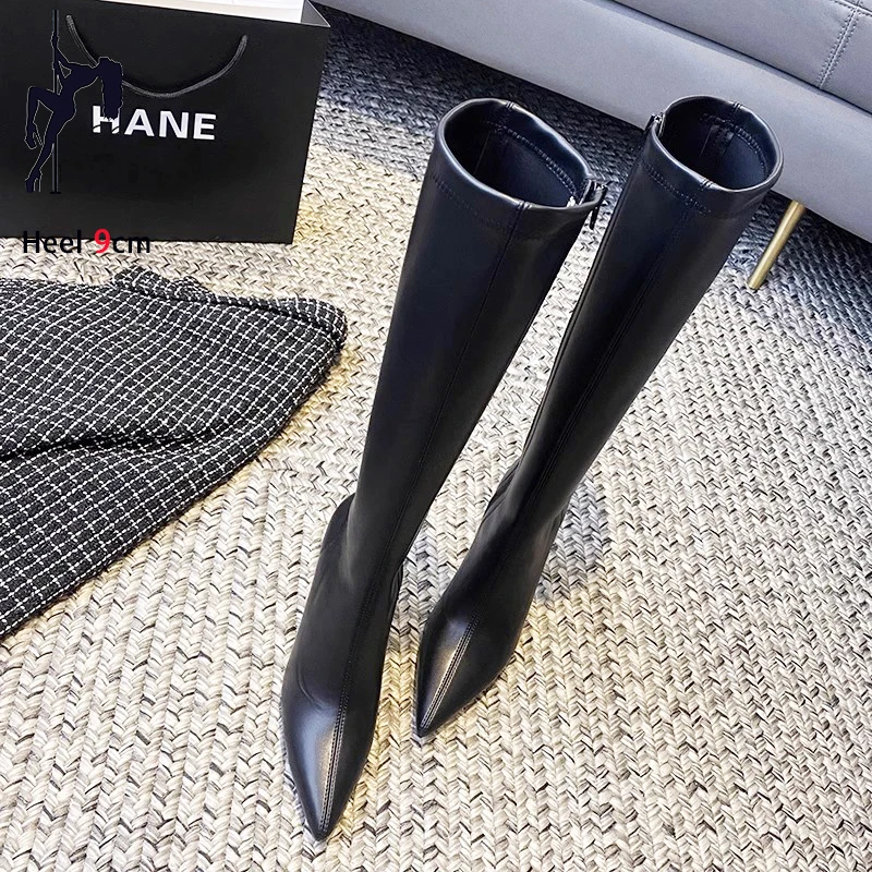 7CM 9CM Stiletto Heels Womens Pointed Toe Boots Side Zipper Spring Autumn Slim Lge Shoes Black Mid-Calf Boots Female Size 35-39