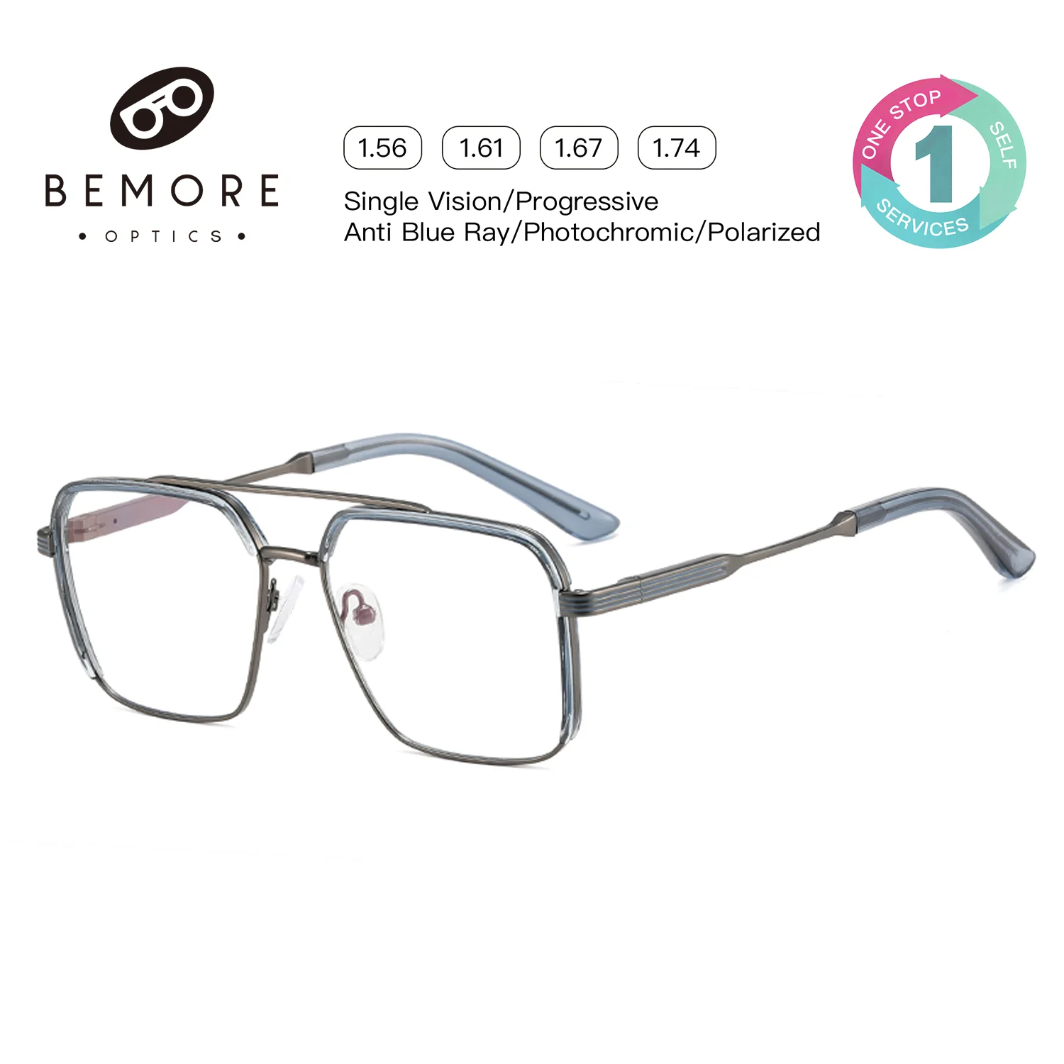 BEMORE High Quality Metal Pilot Anti-Blue Light Men Reading Hyperopia Diopter 0 to +-400 be Customizable Prescription