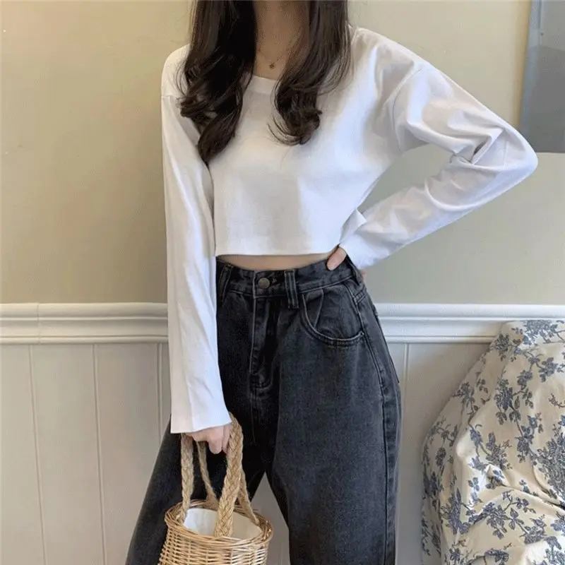 MEXZT Women Harajuku Simple Solid Color Cropped T-shirt Spring Fashion Loose All-match Tops Korean Students O-neck T-shirts New