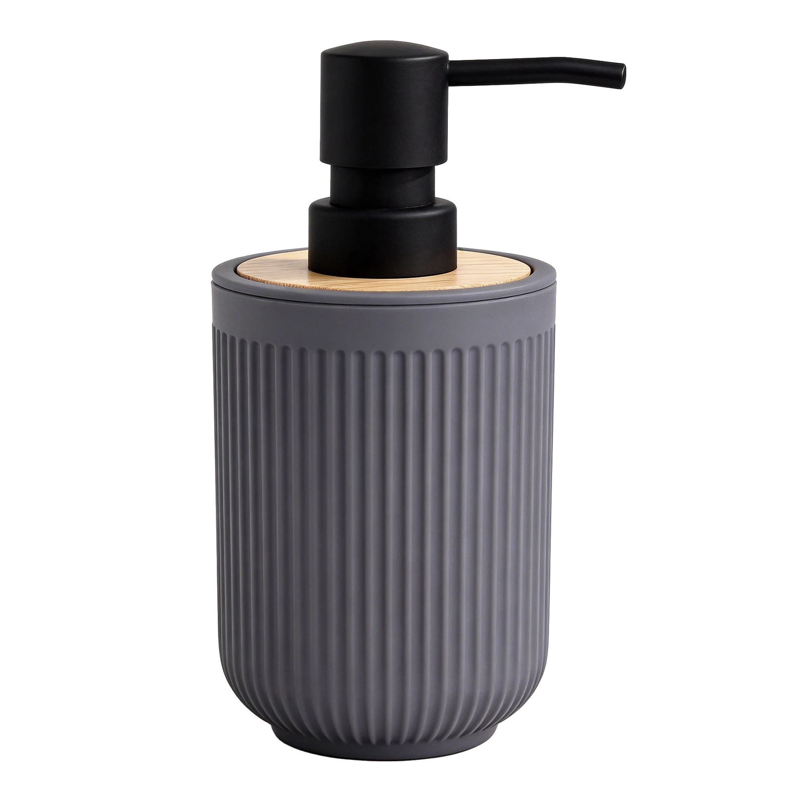

BATHLUX Modern Minimalist Ribbed ABS Soap Dispenser Bamboo Lid & Matte Black Pump Refillable Lotion Bottle for Bathroom Decor