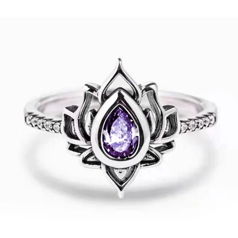 Aesthetic Lotus Flower Rings with Water Drop CZ Exquisite Women Finger-rings Fancy Anniversary Gift New Trendy Jewelry