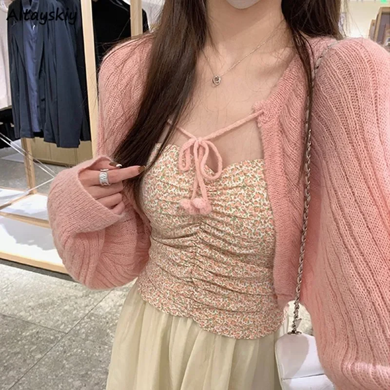 Knitted Cardigans Women Korean Fashion Pink Tender Designed Autumn Coat Aesthetic Lace-up Simple Sweater All-match Age-reducing