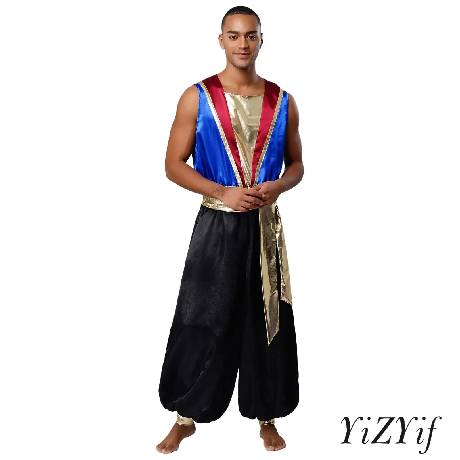

Mens Arabian prince dress up Costume Dual Tone Metallic Belt Back Zipper Sleeveless Jumpsuit for Halloween Cosplay Ball Gala