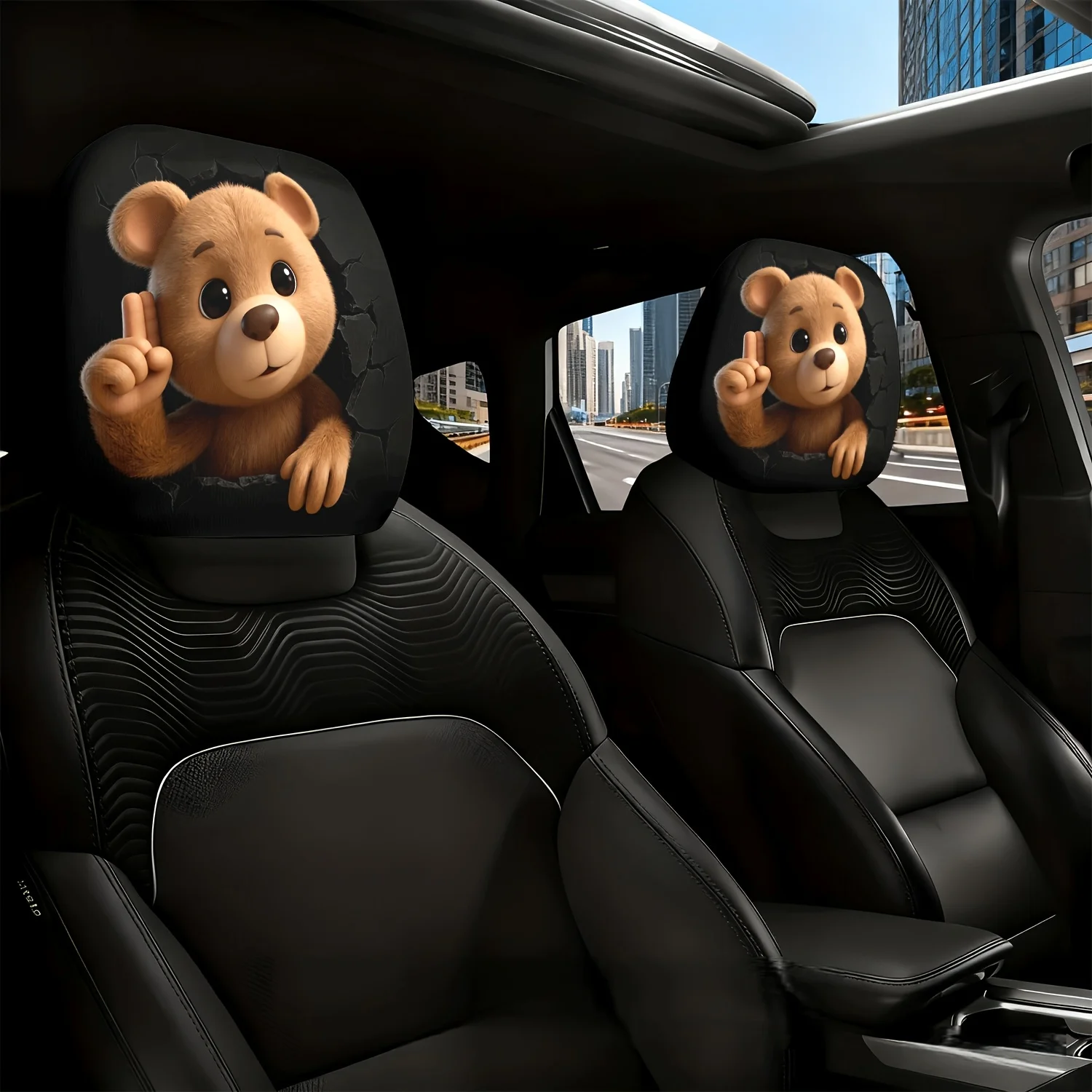 2pcs Cute Bear Creative Design: A Warm and Humorous Combination of Themed Printed Car Seat Cushion Headrest and Neck Pillow Co