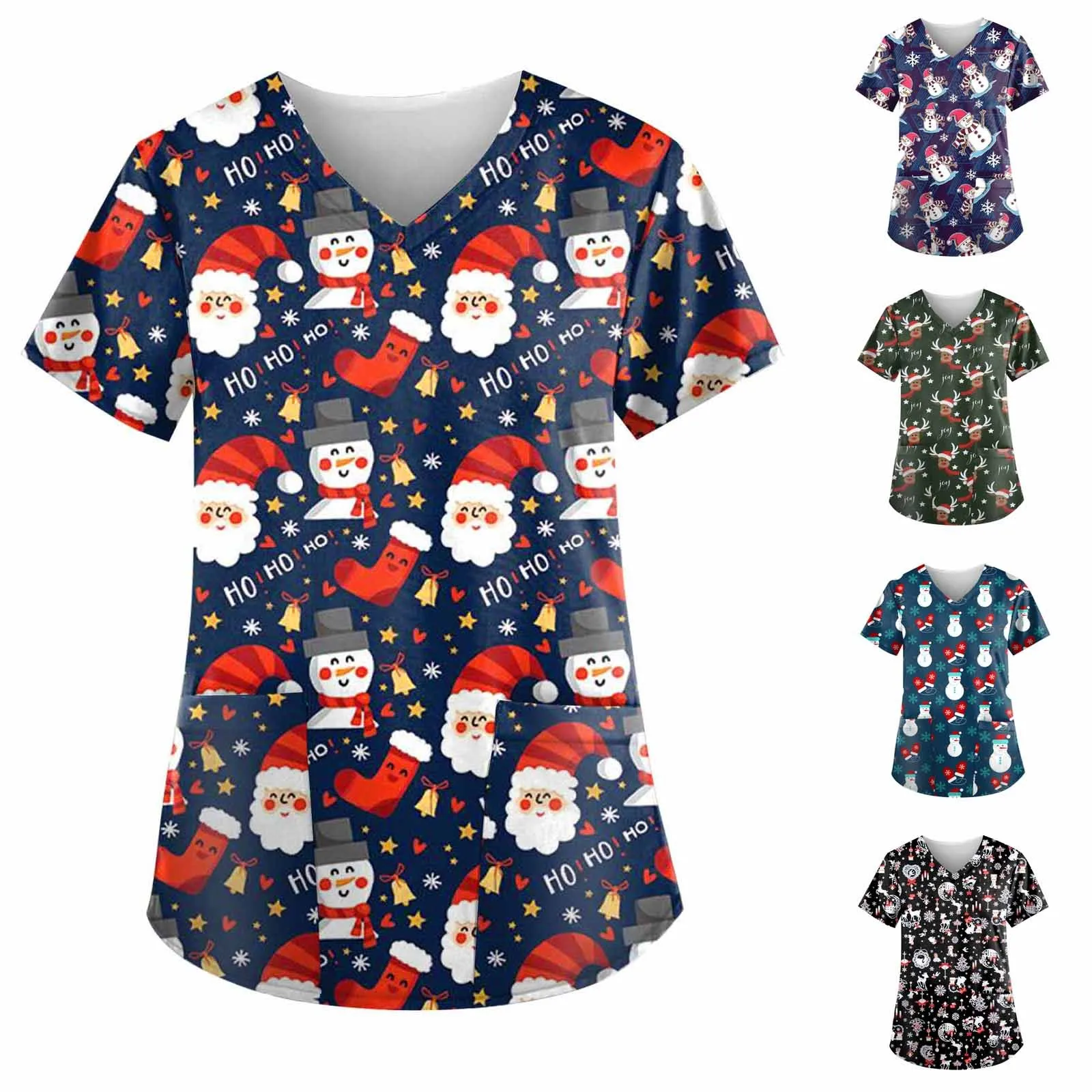 ナース制服女性クリスマスプリント通気性サンタクロース雪だるまパターン V ネック半袖トップスナース制服女性