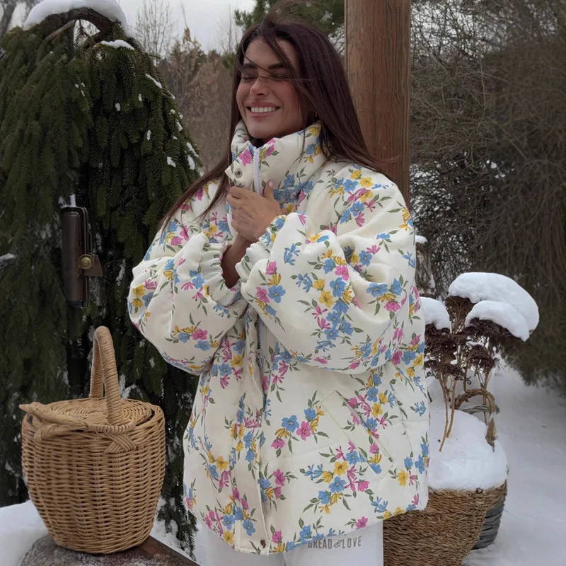 Floral Padded Puffer Jacket For Women's Winter Fashion Oversized Design Stand Collar Warm Zip Up Outerwear Street Style Look New