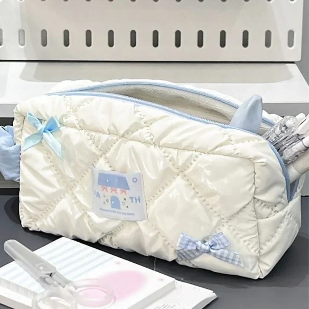 Borsa per matite con fiocco bianco blu borsa per cancelleria di grande capacità borsa per la conservazione da viaggio borse per cosmetici da donna