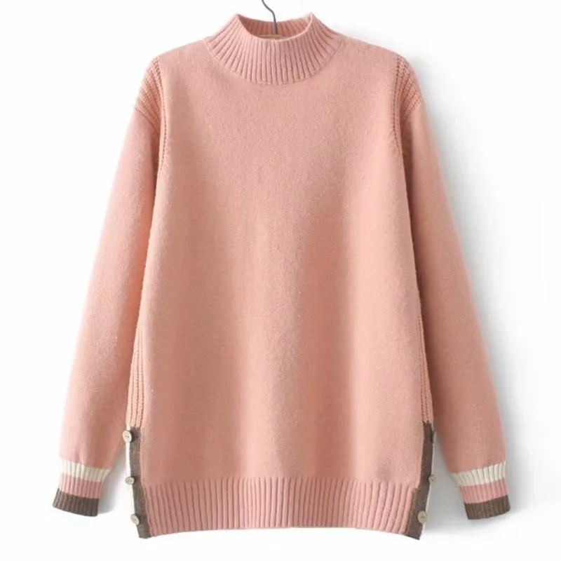 

Women Clothing Sweater Plus Size Autumn Winter Curve Jumper Half High Collar Wooden Buttons On Both Sides Female Pullovers