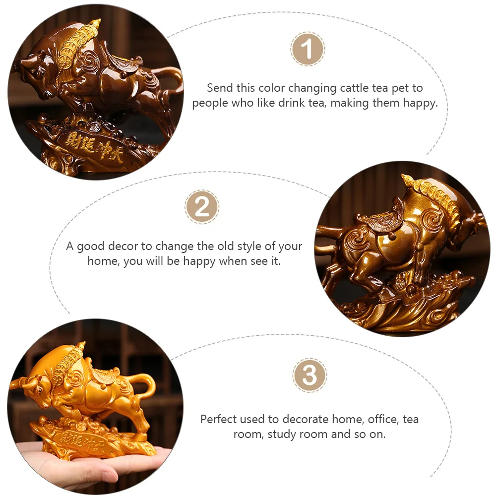 

1Pcs Color Changing Cattle Ornament Creative Resin Sculptured Tea Pet Decor for Home Office Desk Tabletop Decoration