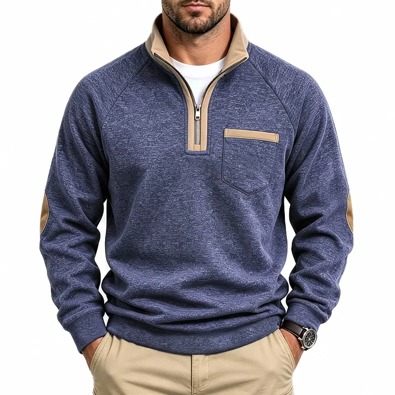 Autumn Winter Heavyweight Men Casual Sweatshirt Fleece Loose Patchwork Hoodies Male Stand Collar Pull On Sports Sweatshirts Tops