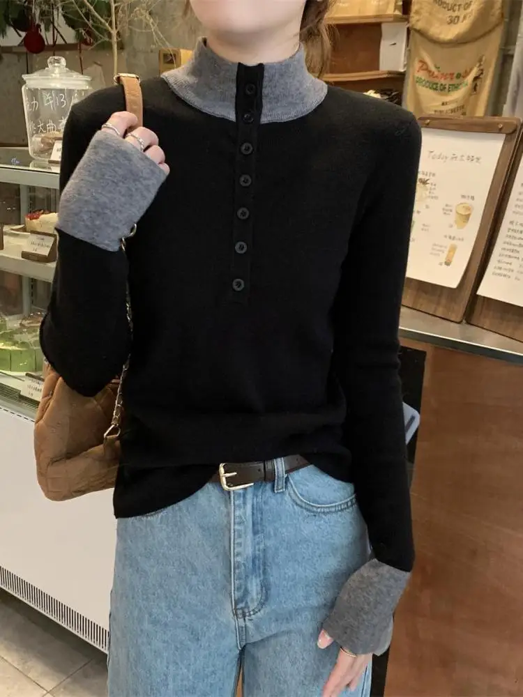 

Autumn Winter Black Brown Patchwork Long Sleeve Knit Pullover Tops Korean Vintage Gray High Street Button Sweater For Women Slim