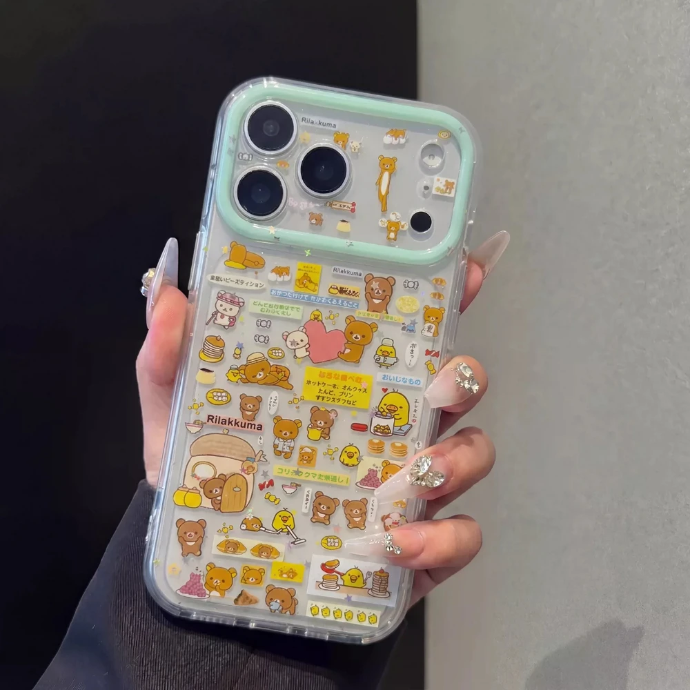 Cute Cartoon Janpan Anime Rilakkuma Bear Phone Case For iPhone 17 16 15 14 13 Pro Max Cases Shockproof Hard Cover With Lanyard
