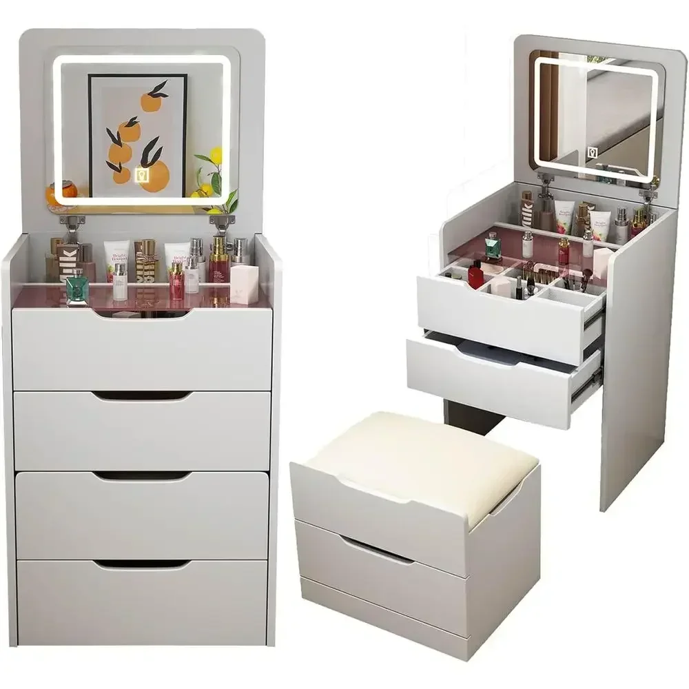 Large White 3-in-1 Vanity Desk with Flip-Up Mirror, Lights, 3 Drawers, Storage and Chair