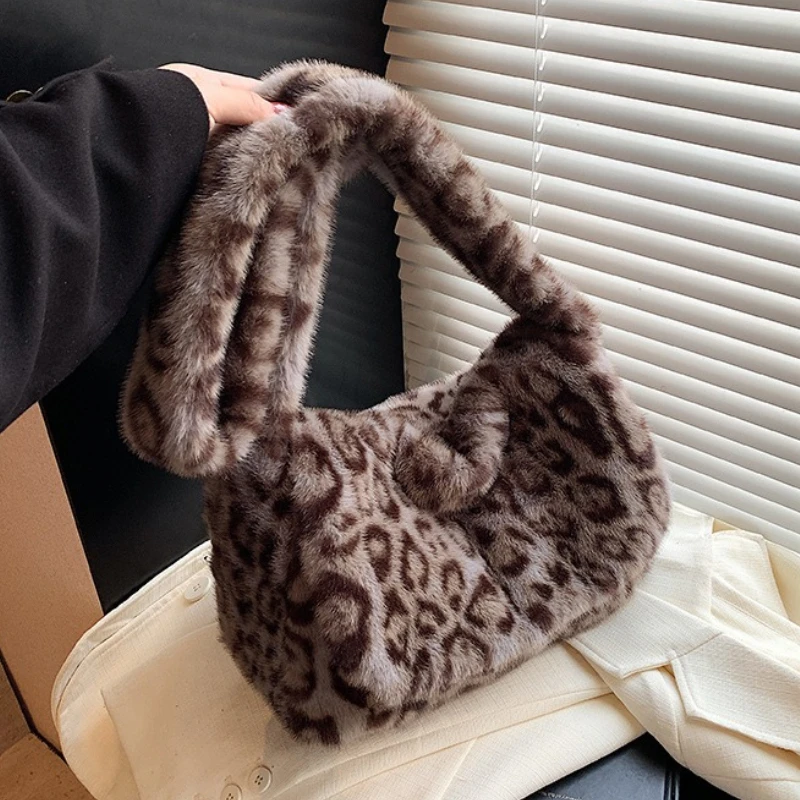 

Женские плюшевые сумки на плечо с леопардовым принтом, сумка через плечо из искусственного меха, зимняя большая вместительная женская меховая сумка-тоут