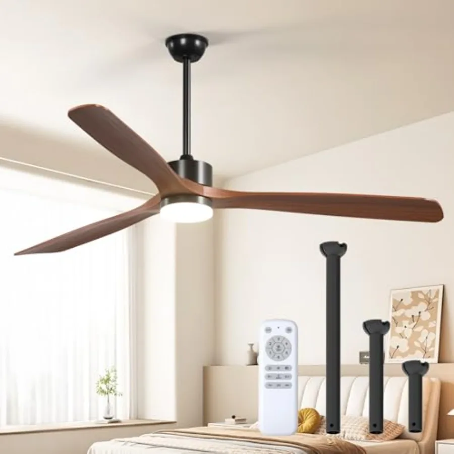 Indoor/Outdoor ceiling fan for bedroom, living room, gazebo, patio: black walnut wood blades, 72 inch, with light and remote, r