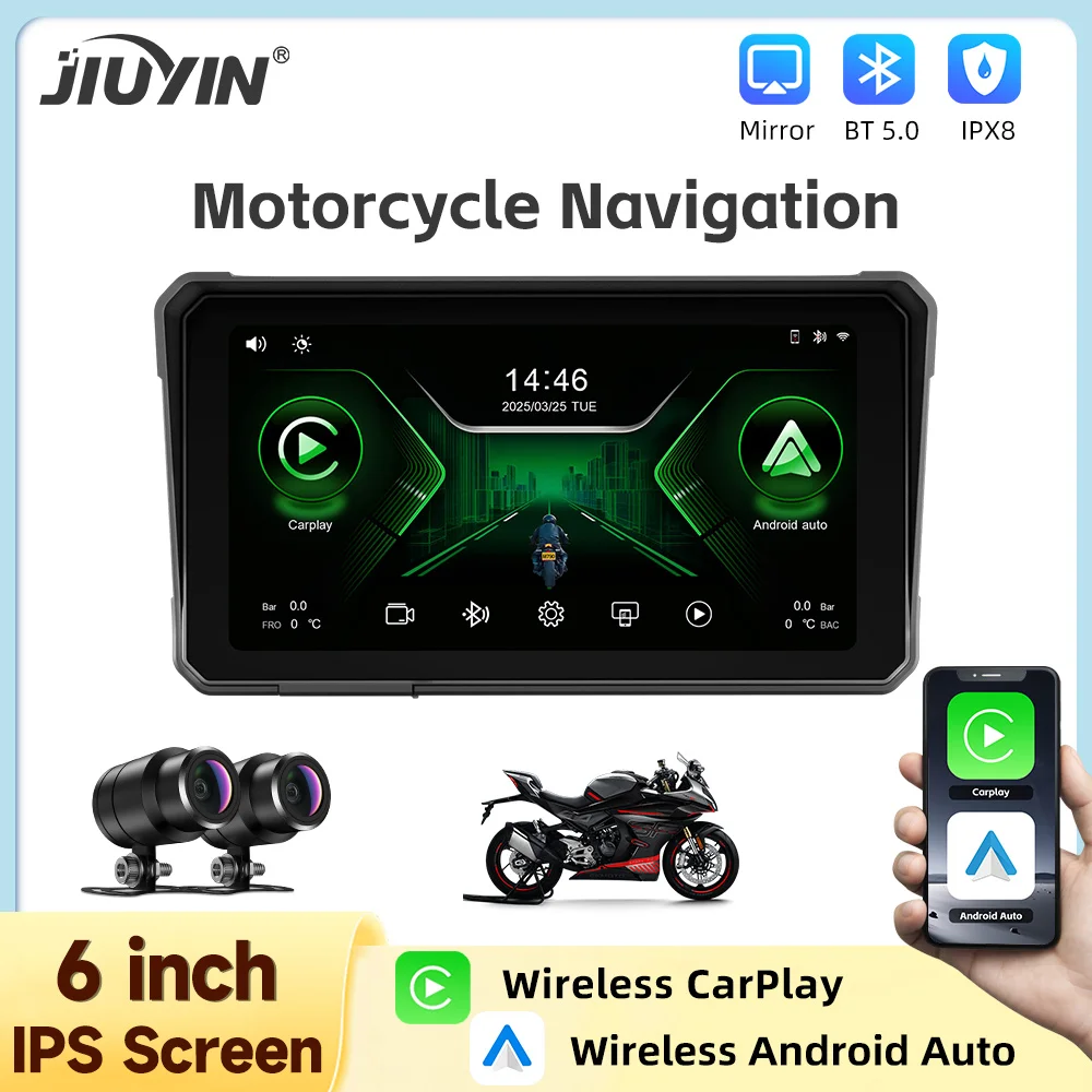

6-дюймовый мотоциклетный дисплей, беспроводной Carplay Moto, портативная цифровая приборная панель, Android Auto Moto IPX8, водонепроницаемый монитор с BT-дисплеем