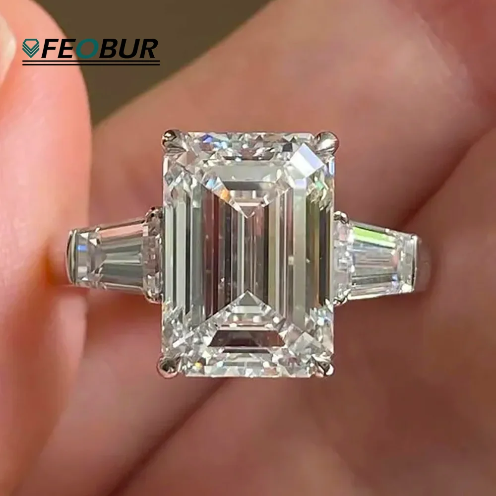 

5CT 10CT Emerald Cut Moissanite Rings for Women 925 Sterling Silver Baguette 3-Stone Diamond Engagement Wedding Band Jewelry GRA
