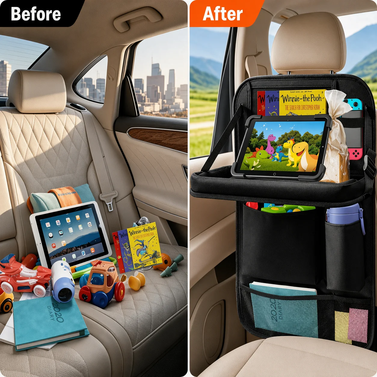車後部座席折りたたみテーブルトレイ多機能吊り下げ収納バッグシ - Desk Setup Essentials のレビューと価格