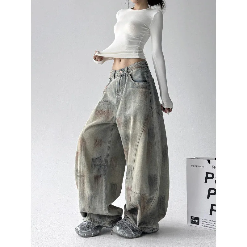 

Свободные женские джинсы, осень 2023, модный универсальный дизайн, широкие брюки, прямые длинные брюки, уличные брюки