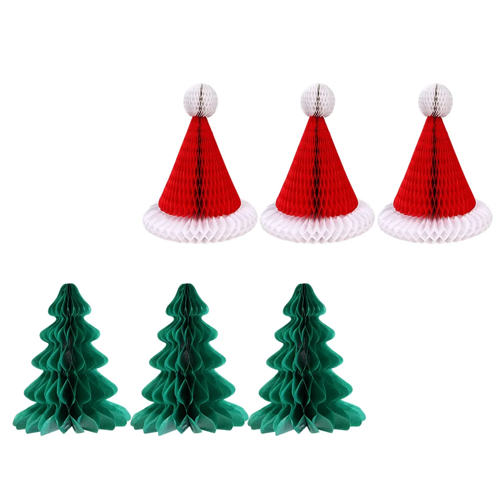 

6 Pcs Christmas Decorations Xmas Tree Hat Honeycomb Paper Pendant Party Supplies Holiday Ornaments Home Bar Club Photo Props