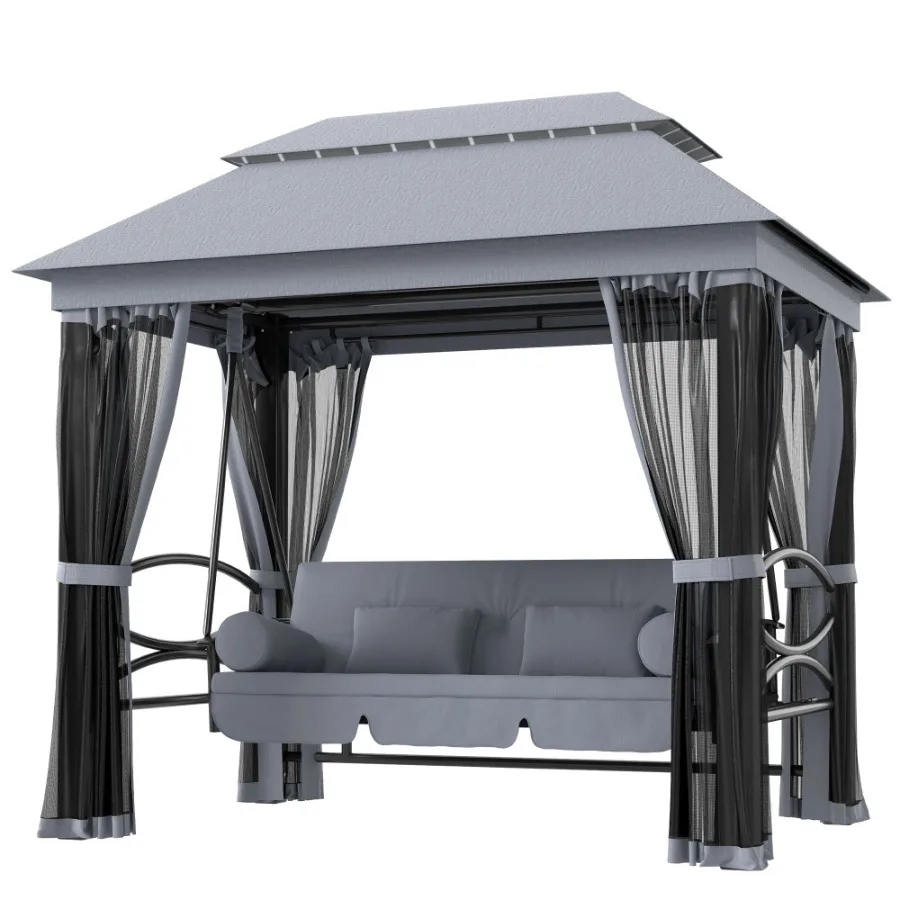 

3Seat Patio Swing Chair with Double Tier Canopy Porch Swing Chair with Stand Mesh Sidewalls Cushioned Seat and Pillows Gray