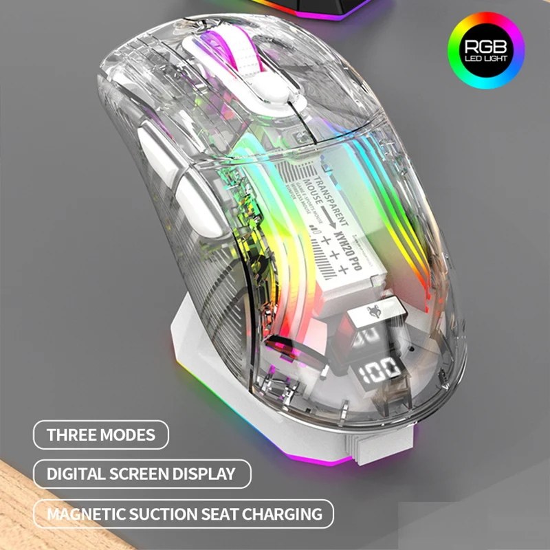 Imagem -04 - Rato para Jogos de Iluminação sem Fio Rgb com Doca de Carregamento Magnética Mouse com Fio para pc Gamer Transparente Bluetooth 2.4g Modos