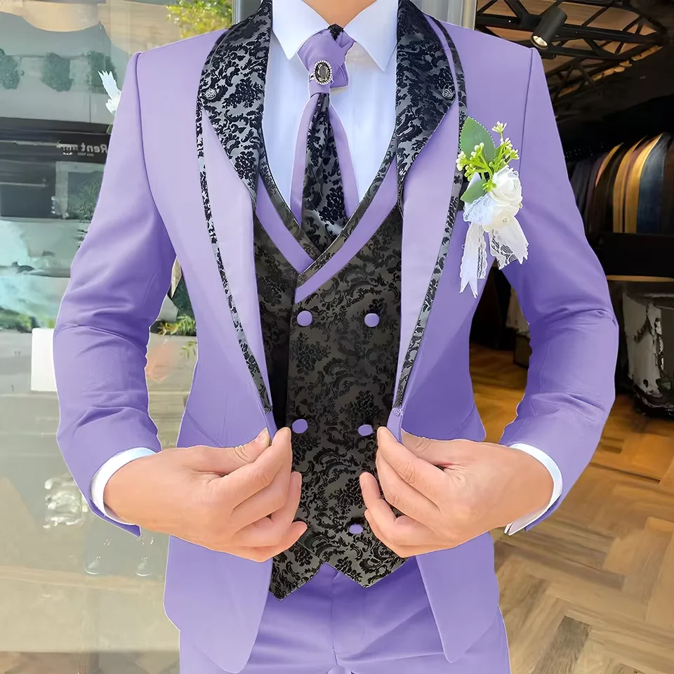 

Men's Lavender shawl Lapel 3PCS Suit Sophisticated Business Contemporary Formal Attire Wedding Dinner Prom Party Custom Tuxedo
