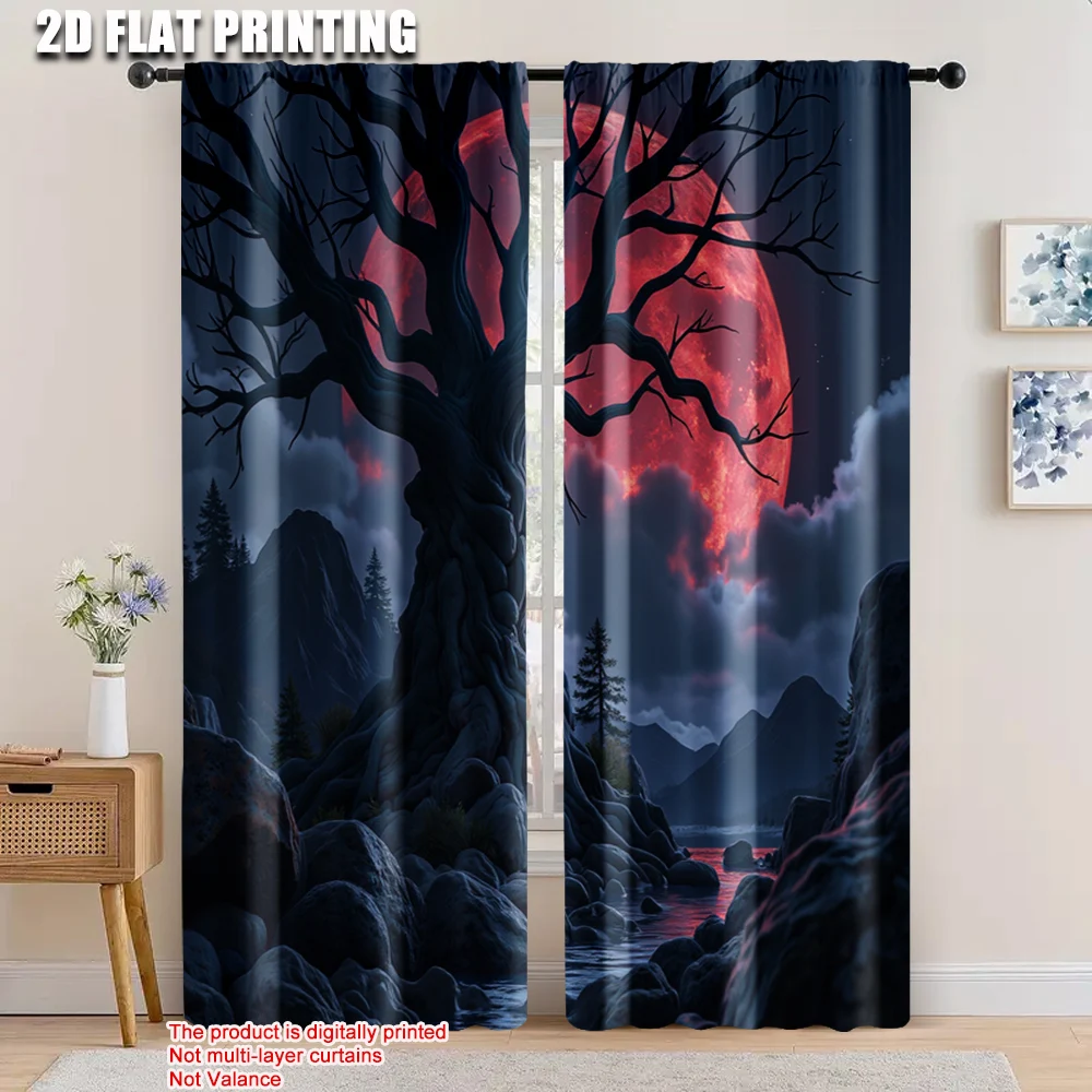 

2pcs, 2D flat printing Party Curtain red moon tree Durable 100% Polyester Fabric,Without Electricity Family Party Decoration