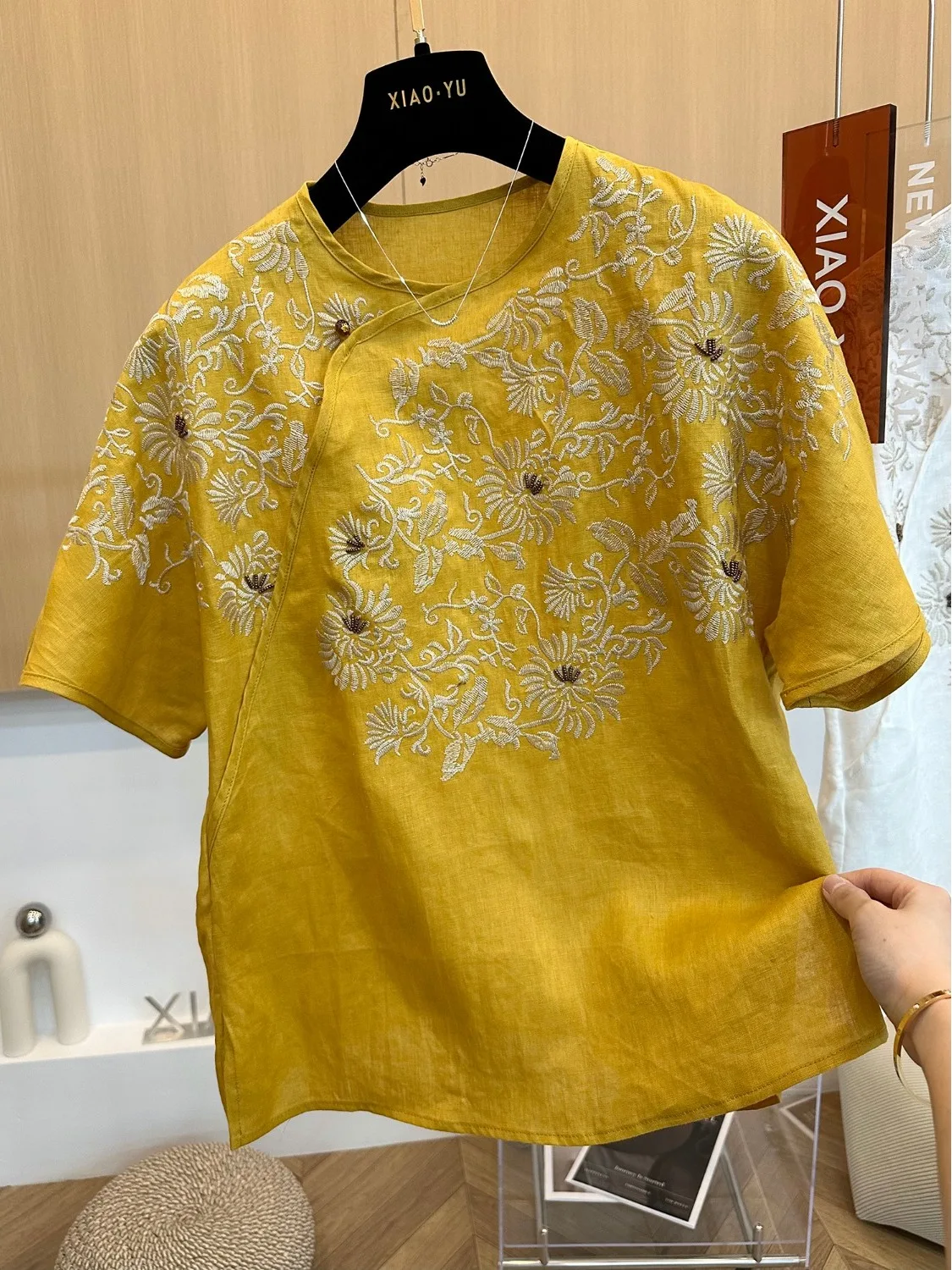 

Ele round Ne ort Sve Embroidered Pure Flax Women's irt Faionable Heavyweight National Sle Summer New Arrival