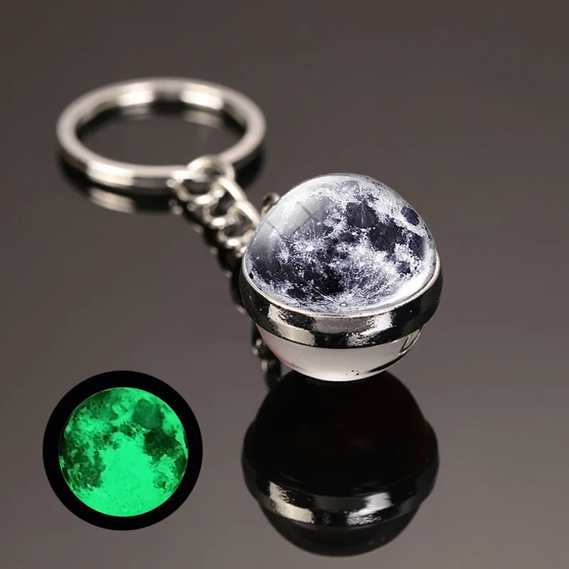 Glow in the Dark Solar System Keychain, Planet Keyring Galaxy Nebula Luminous Moon, Earth, Sun, Double Side Glass Ball, Key Chai